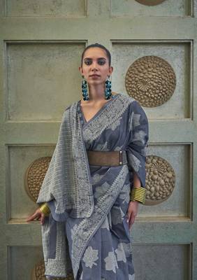 Rajtex Dark Blue Woven Chikankari-Saris With Blouse 2