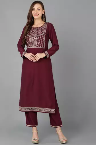 Women maroon printed silk ethnic kurti