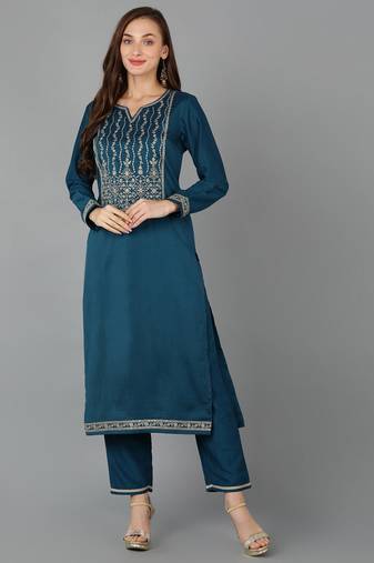 Women teal printed silk ethnic kurti