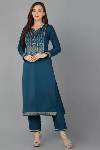 Women teal printed silk ethnic kurti