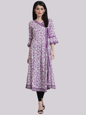 Women'S Rayon Angrakha Style Floral Printed Anarkali Kurti (White) 1