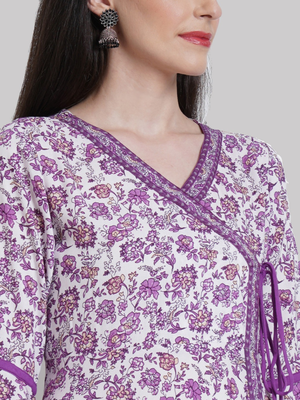 Women'S Rayon Angrakha Style Floral Printed Anarkali Kurti (White) 2
