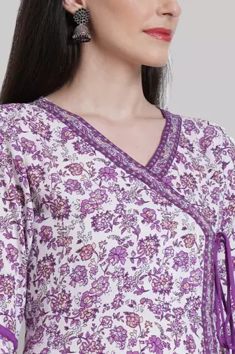 Women'S Rayon Angrakha Style Floral Printed Anarkali Kurti (White)