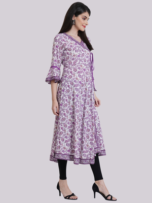 Women'S Rayon Angrakha Style Floral Printed Anarkali Kurti (White) 3