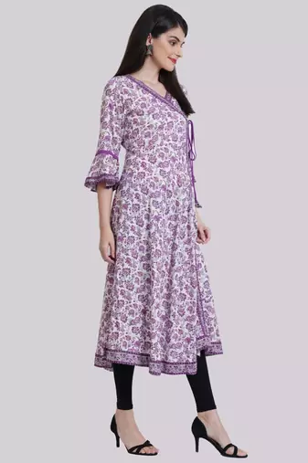 Women'S Rayon Angrakha Style Floral Printed Anarkali Kurti (White)