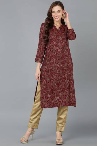 Women maroon printed silk ethnic kurti