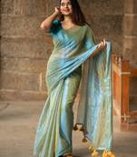 Blue Plain Tissue Cotton Saree Without Blouse