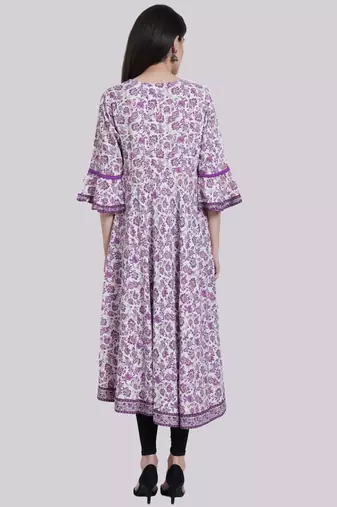 Women'S Rayon Angrakha Style Floral Printed Anarkali Kurti (White)