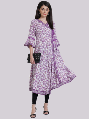 Women'S Rayon Angrakha Style Floral Printed Anarkali Kurti (White) 5