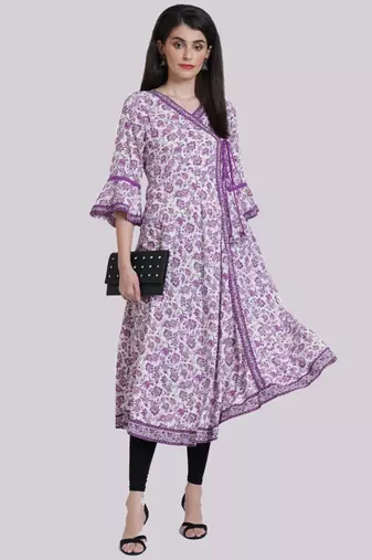 Women'S Rayon Angrakha Style Floral Printed Anarkali Kurti (White)