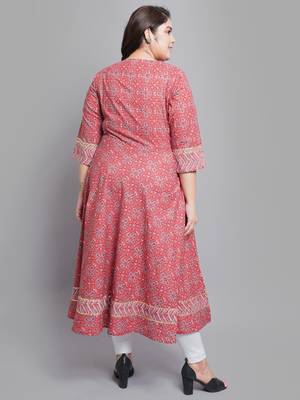Women'S Plus Size Cotton Floral Printed Anarkali Kurti (Maroon) 2