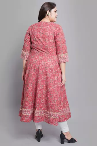 Women'S Plus Size Cotton Floral Printed Anarkali Kurti (Maroon)