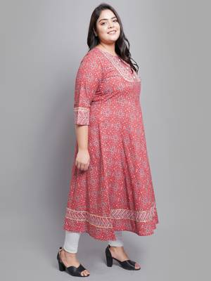 Women'S Plus Size Cotton Floral Printed Anarkali Kurti (Maroon) 3