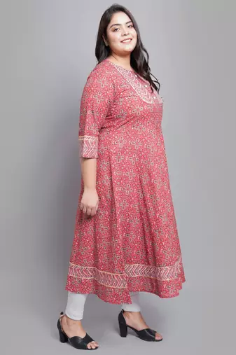 Women'S Plus Size Cotton Floral Printed Anarkali Kurti (Maroon)