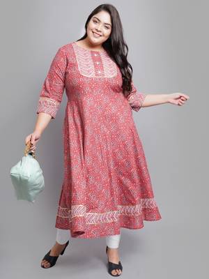 Women'S Plus Size Cotton Floral Printed Anarkali Kurti (Maroon) 4