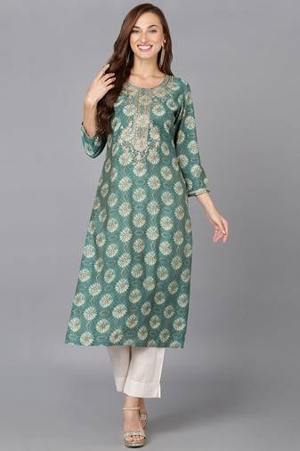 Women green printed silk ethnic kurti