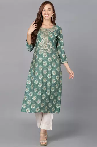 Women green printed silk ethnic kurti