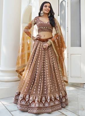 Brown Butterfly Net Embroidery Thread Designer Lehenga 1