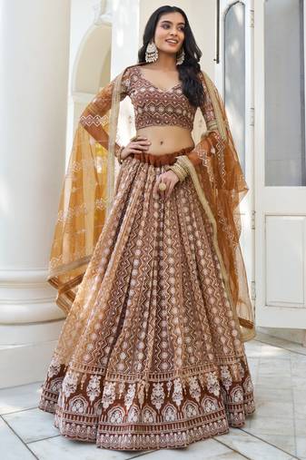 Brown Butterfly Net Embroidery Thread Designer Lehenga