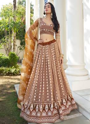 Brown Butterfly Net Embroidery Thread Designer Lehenga 2