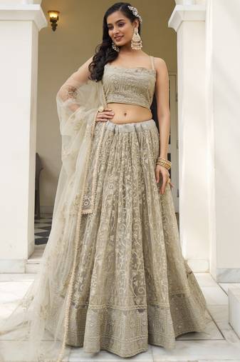 Ivory Butterfly Net Embroidery Thread Designer Lehenga