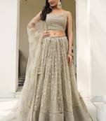 Ivory Butterfly Net Embroidery Thread Designer Lehenga