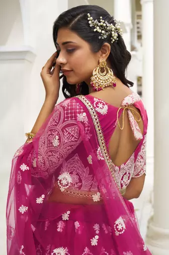 Pink Butterfly Net Embroidery Thread Designer Lehenga