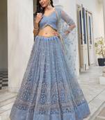Sky Blue Butterfly Net Embroidery Thread Designer Lehenga