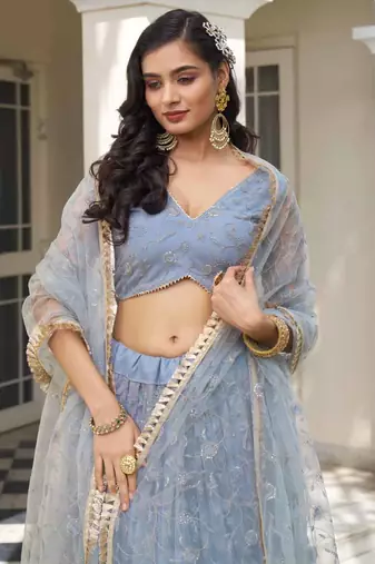 Sky Blue Butterfly Net Embroidery Thread Designer Lehenga