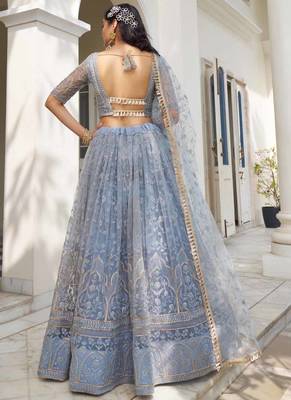 Sky Blue Butterfly Net Embroidery Thread Designer Lehenga 4