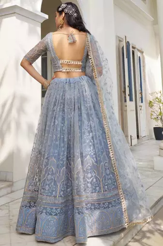 Sky Blue Butterfly Net Embroidery Thread Designer Lehenga
