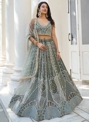 Dusty Green Butterfly Net Embroidery Thread Designer Lehenga 1