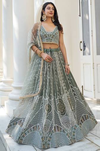 Dusty Green Butterfly Net Embroidery Thread Designer Lehenga
