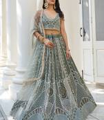 Dusty Green Butterfly Net Embroidery Thread Designer Lehenga