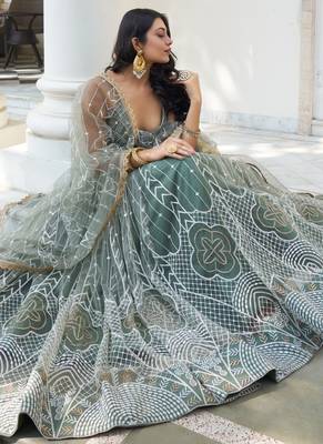 Dusty Green Butterfly Net Embroidery Thread Designer Lehenga 2