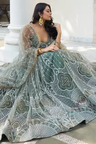 Dusty Green Butterfly Net Embroidery Thread Designer Lehenga