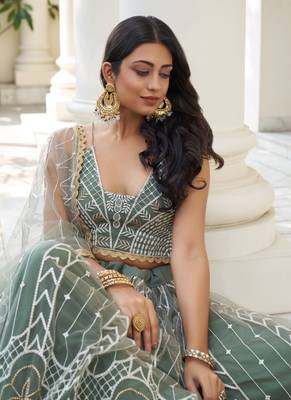 Dusty Green Butterfly Net Embroidery Thread Designer Lehenga 3
