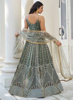 Dusty Green Butterfly Net Embroidery Thread Designer Lehenga 4