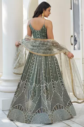 Dusty Green Butterfly Net Embroidery Thread Designer Lehenga