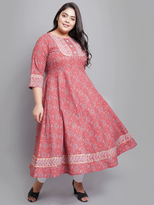 Women'S Cotton Floral Printed Anarkali Kurti (Maroon) 2
