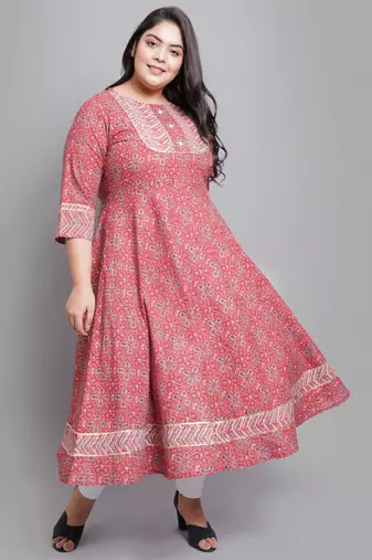 Women'S Cotton Floral Printed Anarkali Kurti (Maroon)