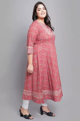 Women'S Cotton Floral Printed Anarkali Kurti (Maroon)