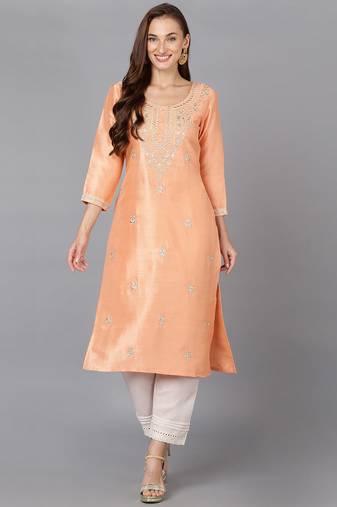Women peach embroidered silk ethnic kurti