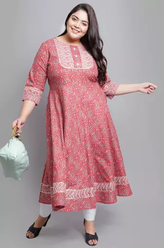 Women'S Cotton Floral Printed Anarkali Kurti (Maroon)