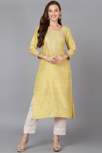 Women yellow embroidered silk ethnic kurti