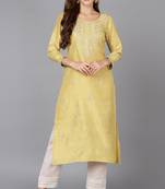 Women yellow embroidered silk ethnic kurti