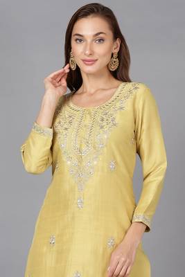 Women yellow embroidered silk ethnic kurti 2