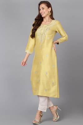 Women yellow embroidered silk ethnic kurti 4