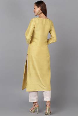 Women yellow embroidered silk ethnic kurti 5