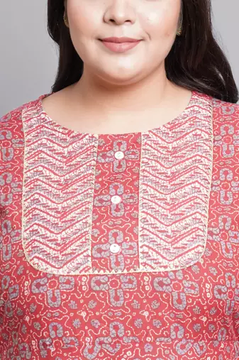 Women'S Cotton Floral Printed Anarkali Kurti (Maroon)